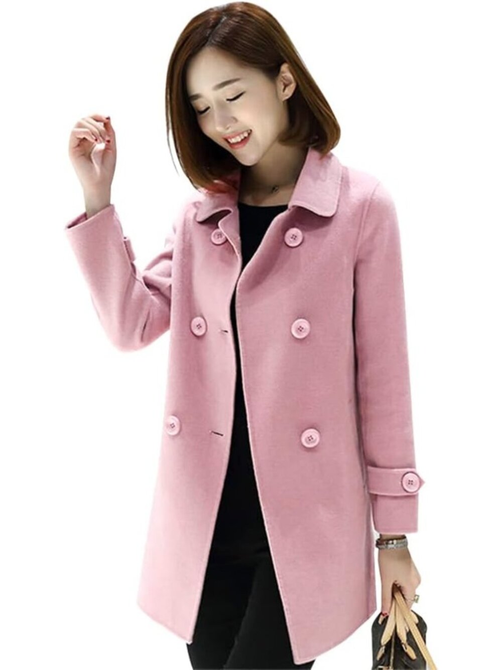 Wool Blend Double Breasted Pea Coat Pink Classic Fit Winter Jacket